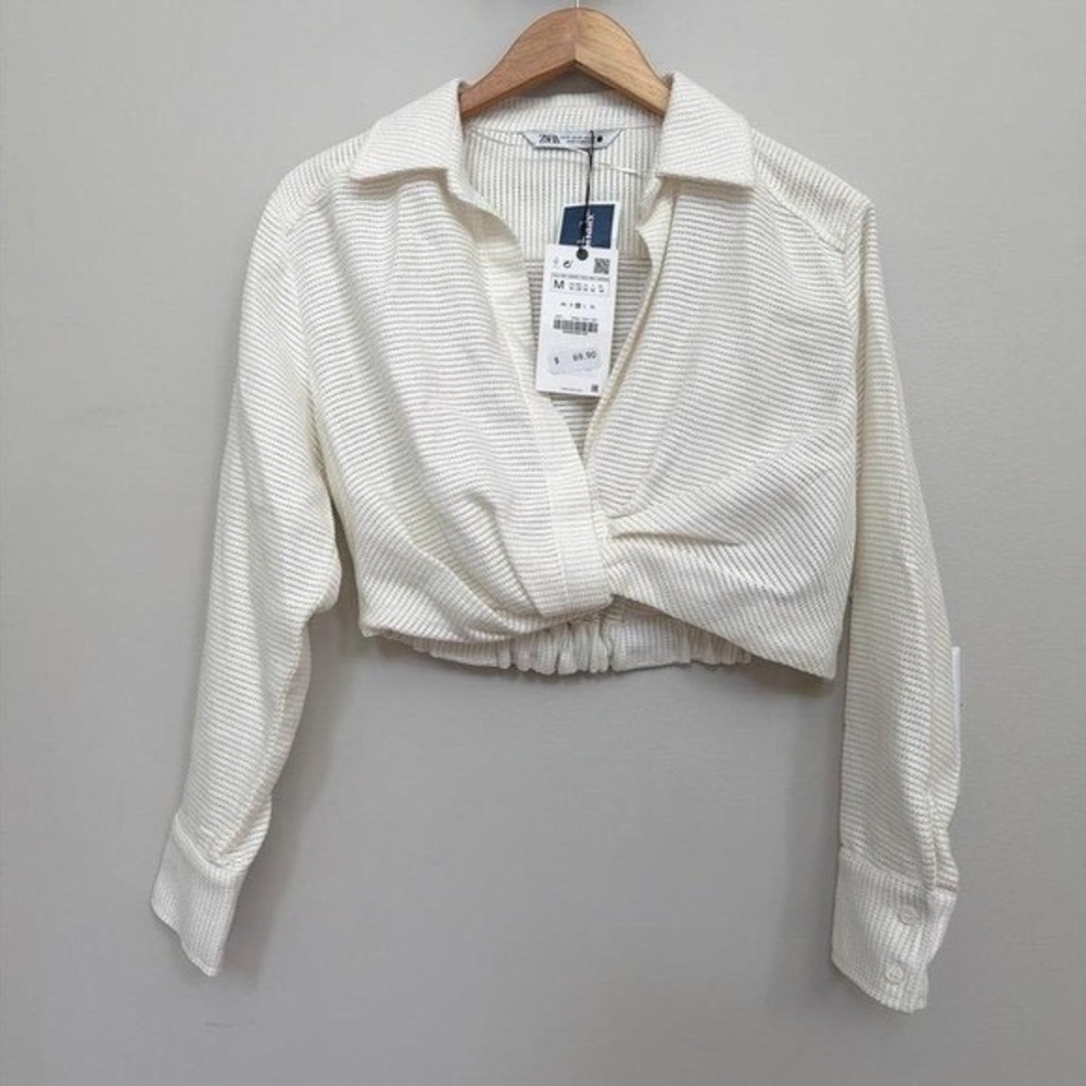 Zara Crop Shirt Womens M White Knotted Twist Front Waffle Knit Linen Blouse NWT